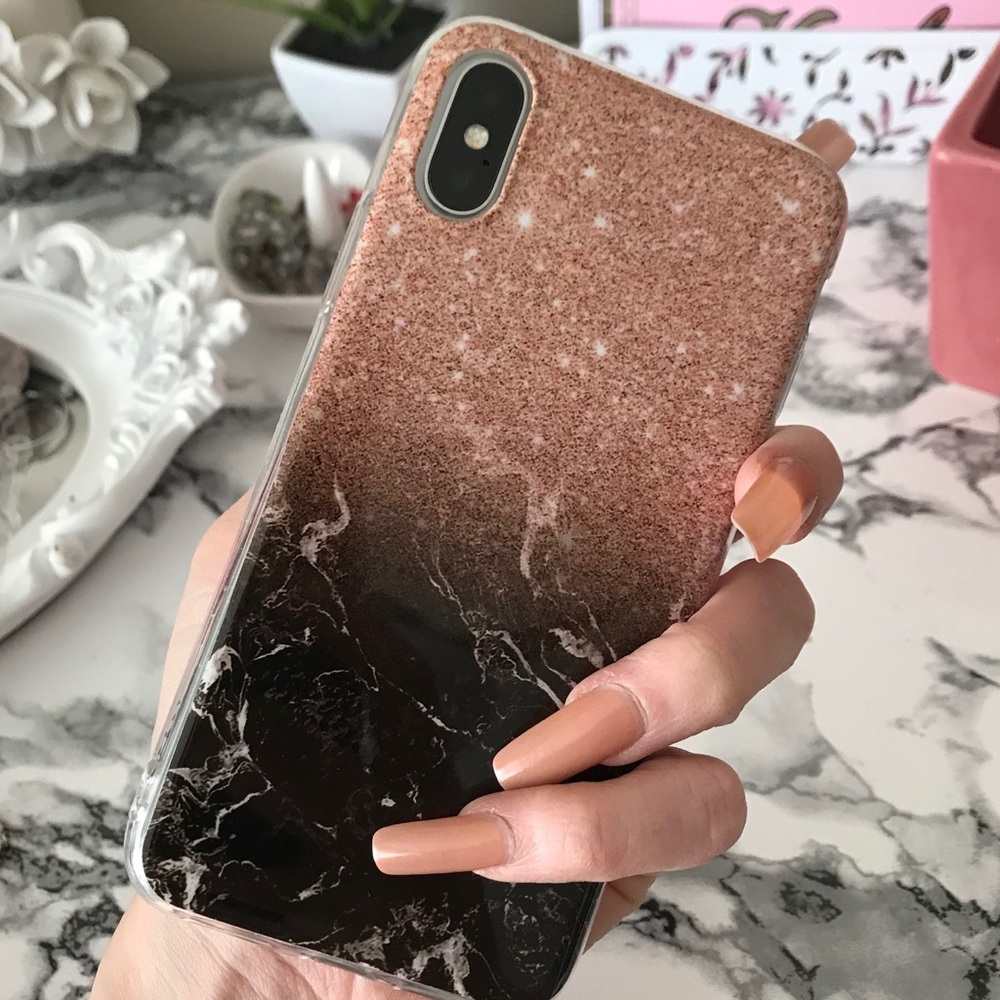 Pink & black faux sparkle & marble iPhone X case